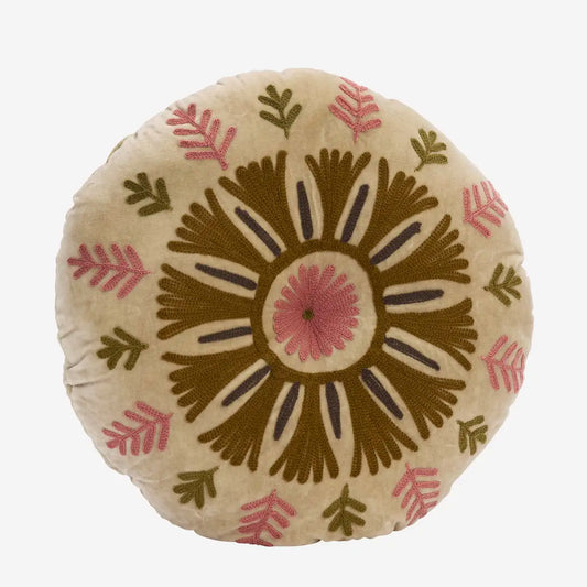 Coussin rond en velours brodé