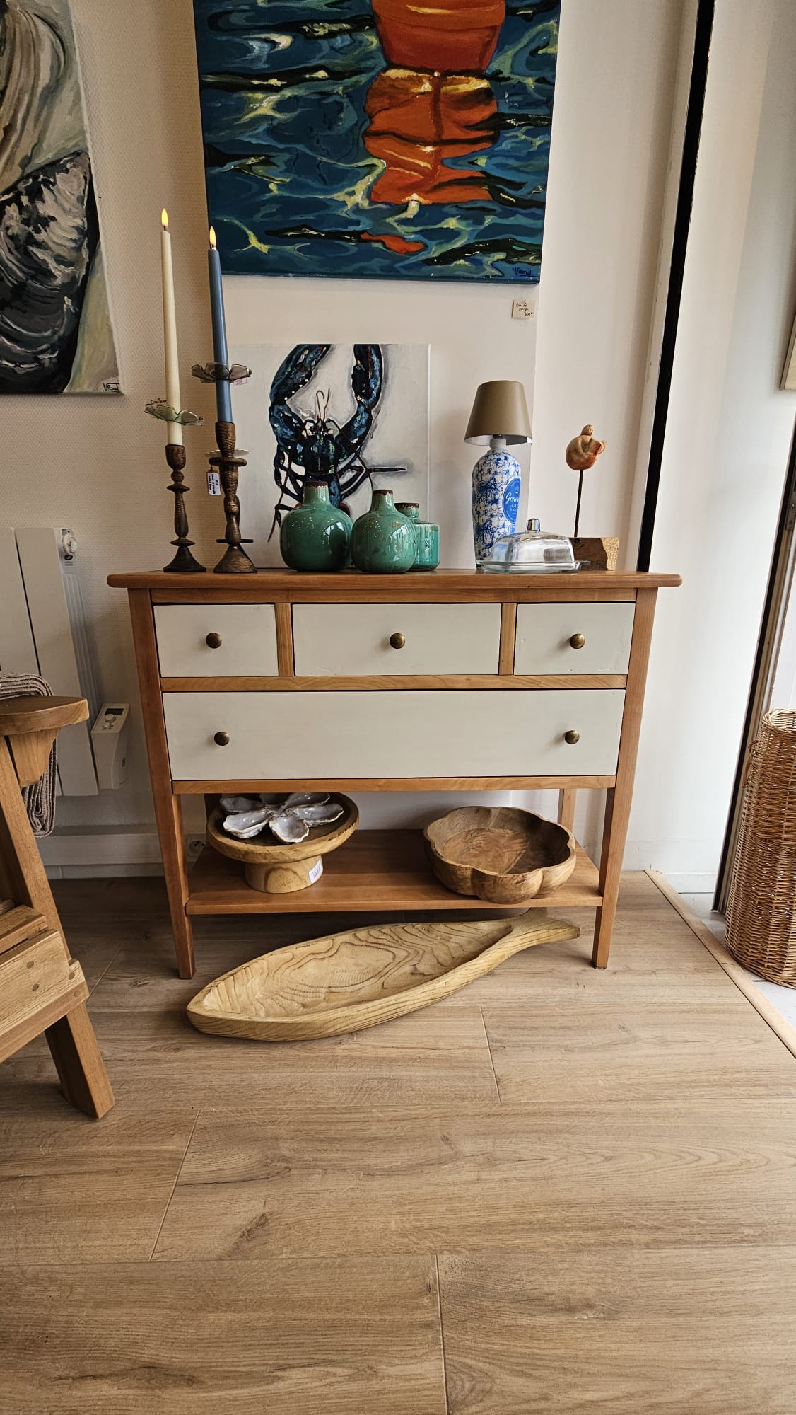 Console boi et beige avec tiroir rénovée