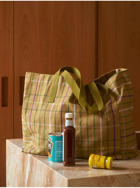 Sac cabas à carreaux marron