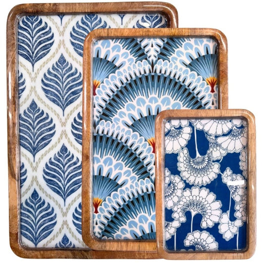 Plateau en bois à motifs bleu