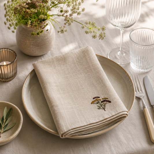 Serviette brodée fleur de berce